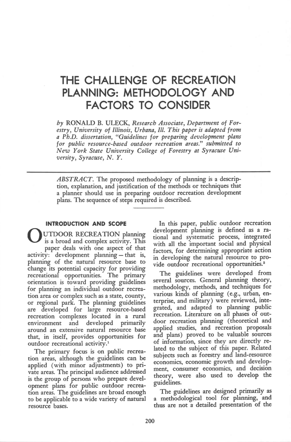 The Challenge of Recreation Planning: Methodology and Factors to Consider