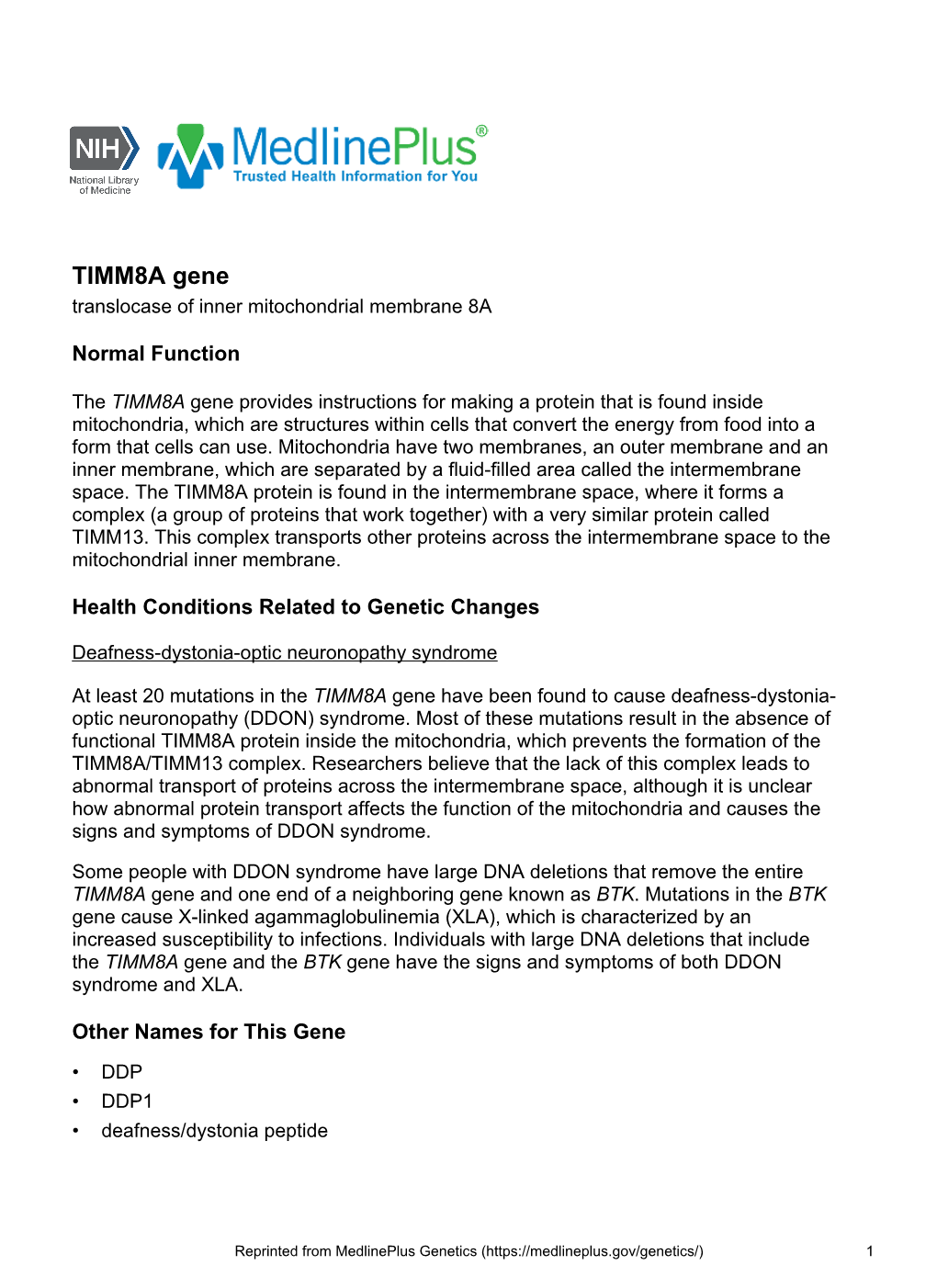 TIMM8A Gene Translocase of Inner Mitochondrial Membrane 8A