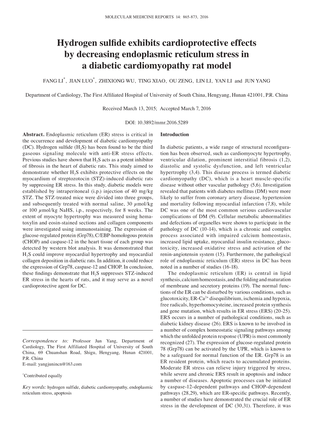 Hydrogen Sulfide Exhibits Cardioprotective Effects by Decreasing Endoplasmic Reticulum Stress in a Diabetic Cardiomyopathy Rat Model