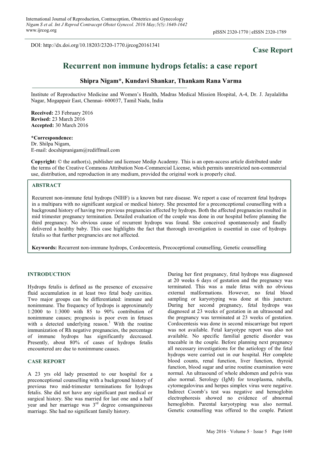 Recurrent Non Immune Hydrops Fetalis: a Case Report