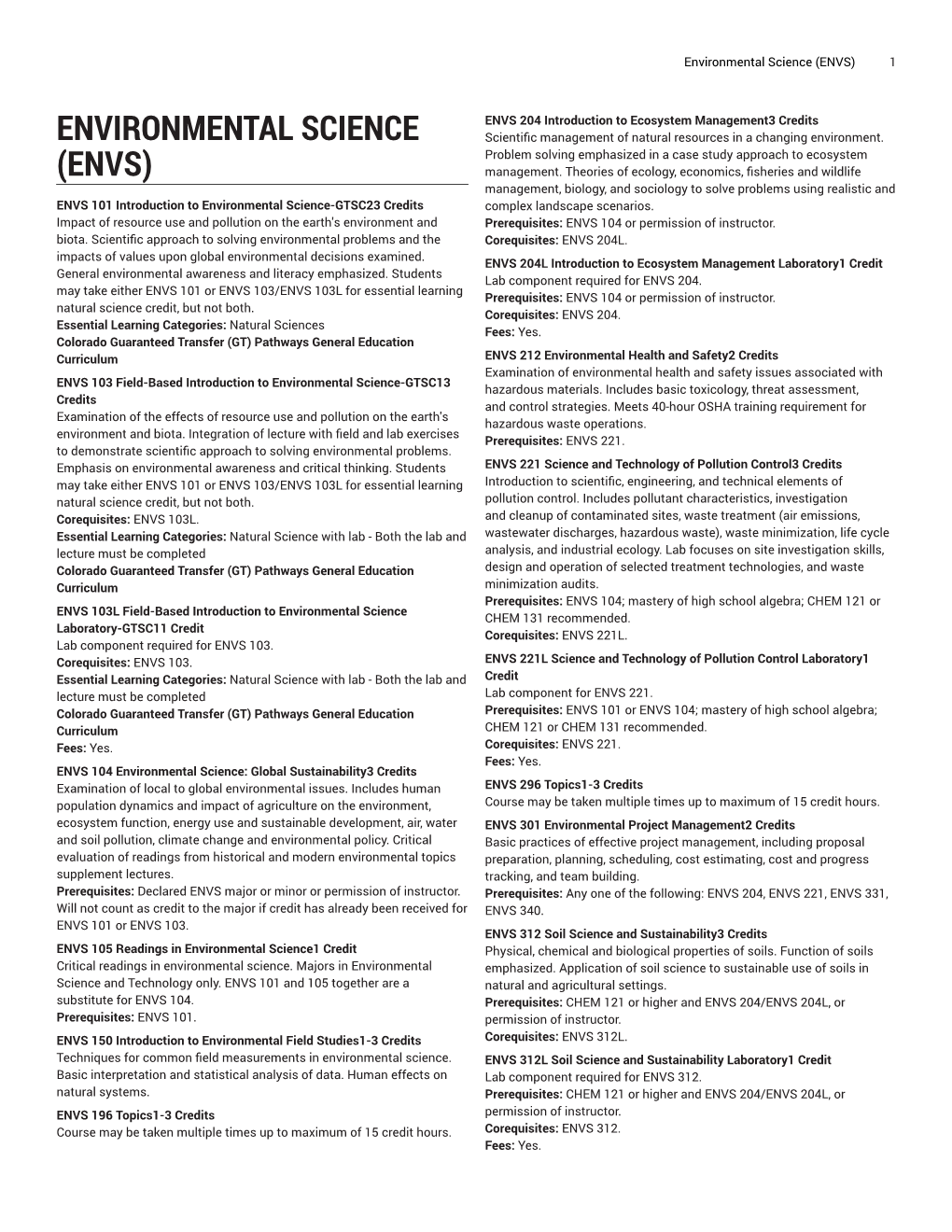 Environmental Science (ENVS) 1