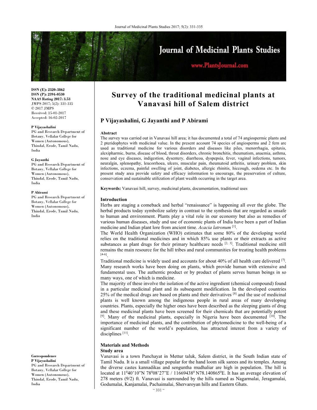 Survey of the Traditional Medicinal Plants at Vanavasi Hill of Salem
