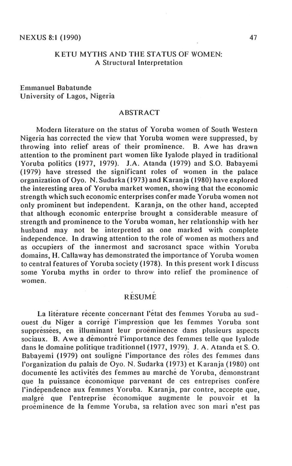 KETU MYTHS and the STATUS of WOMEN: a Structural Interpretation