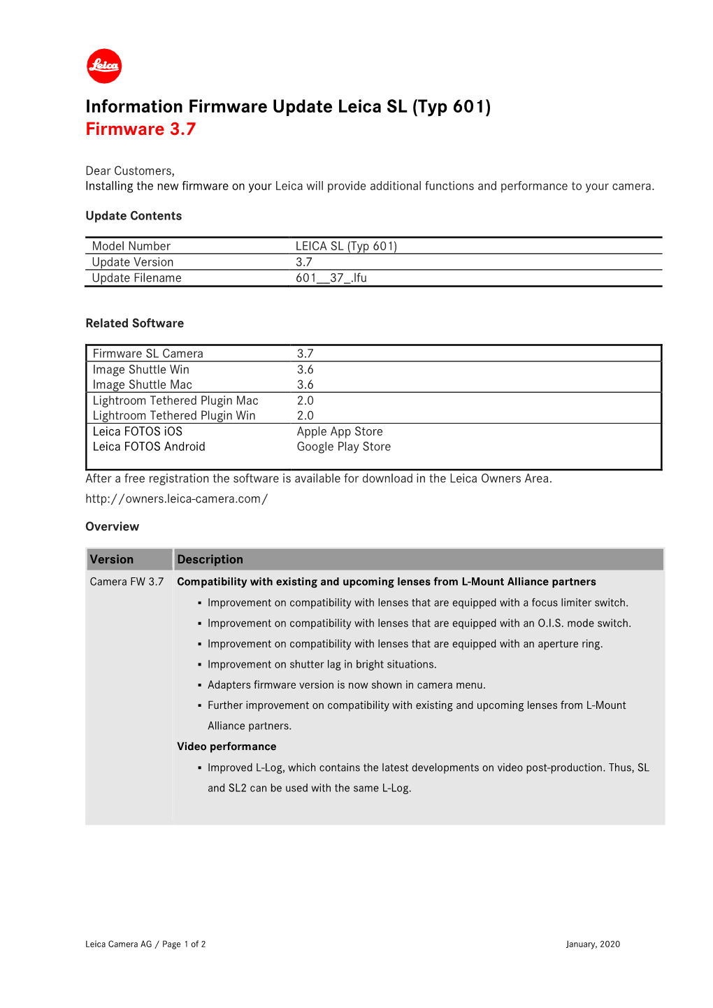 Information Firmware Update Leica SL (Typ 601) Firmware 3.7