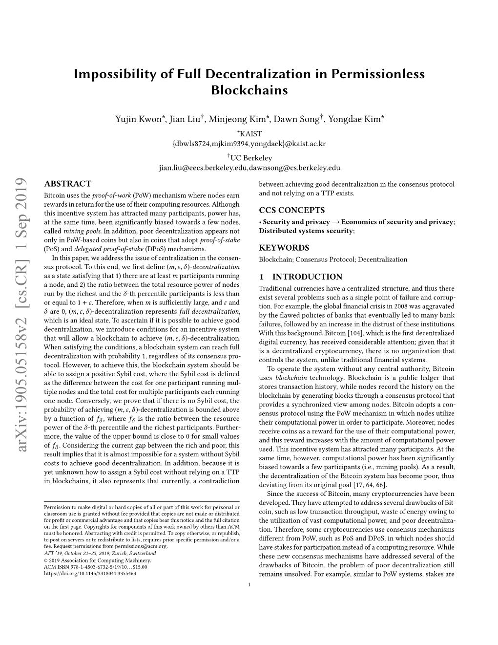 Impossibility of Full Decentralization in Permissionless Blockchains