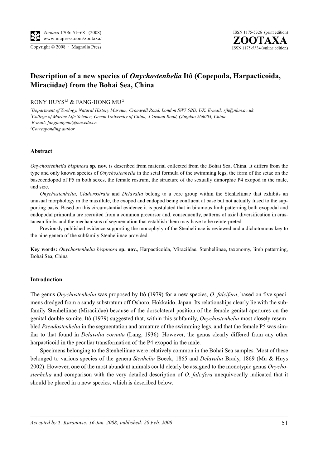 Copepoda, Harpacticoida, Miraciidae) from the Bohai Sea, China