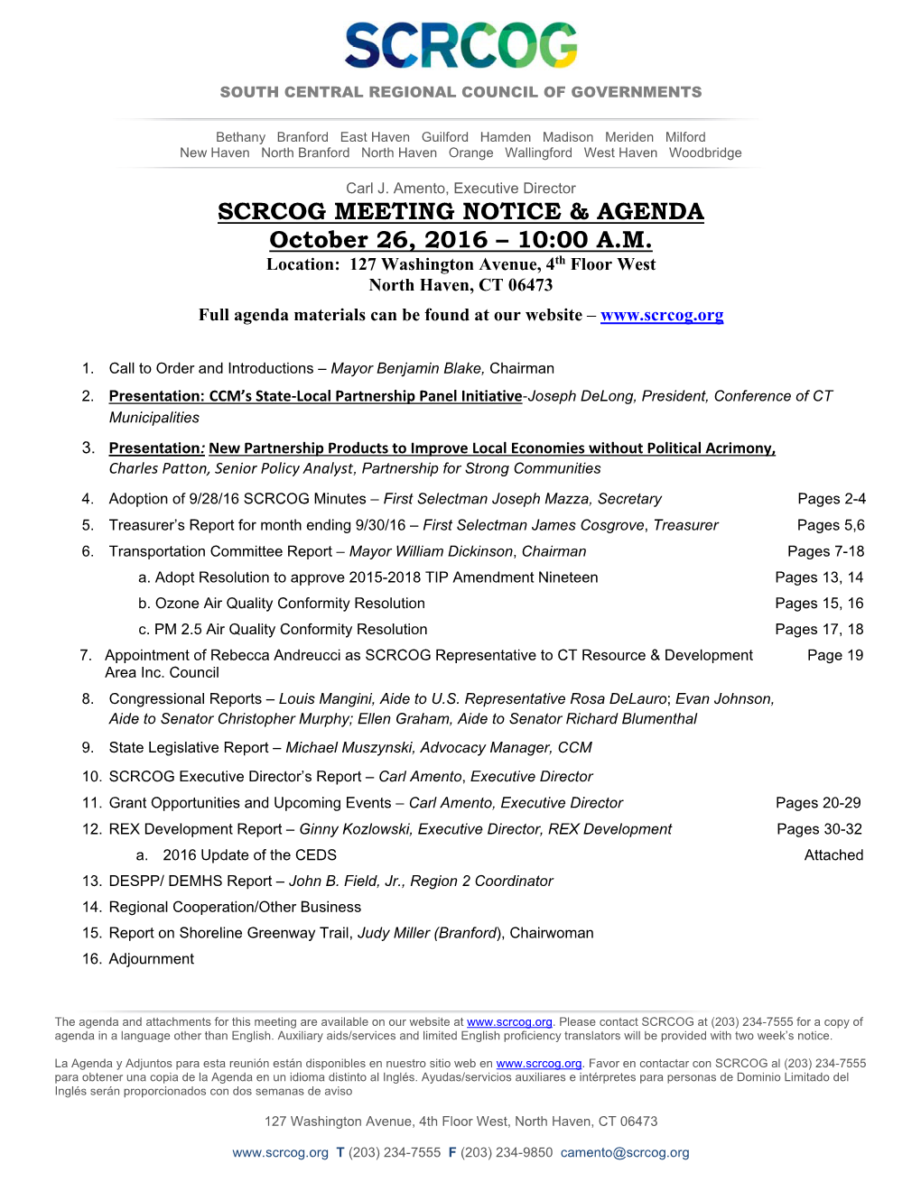 October 2016 SCRCOG Board Agenda