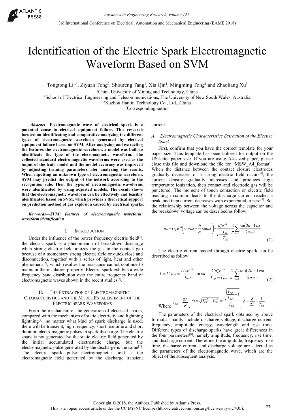 Identification of the Electric Spark Electromagnetic Waveform Based on SVM