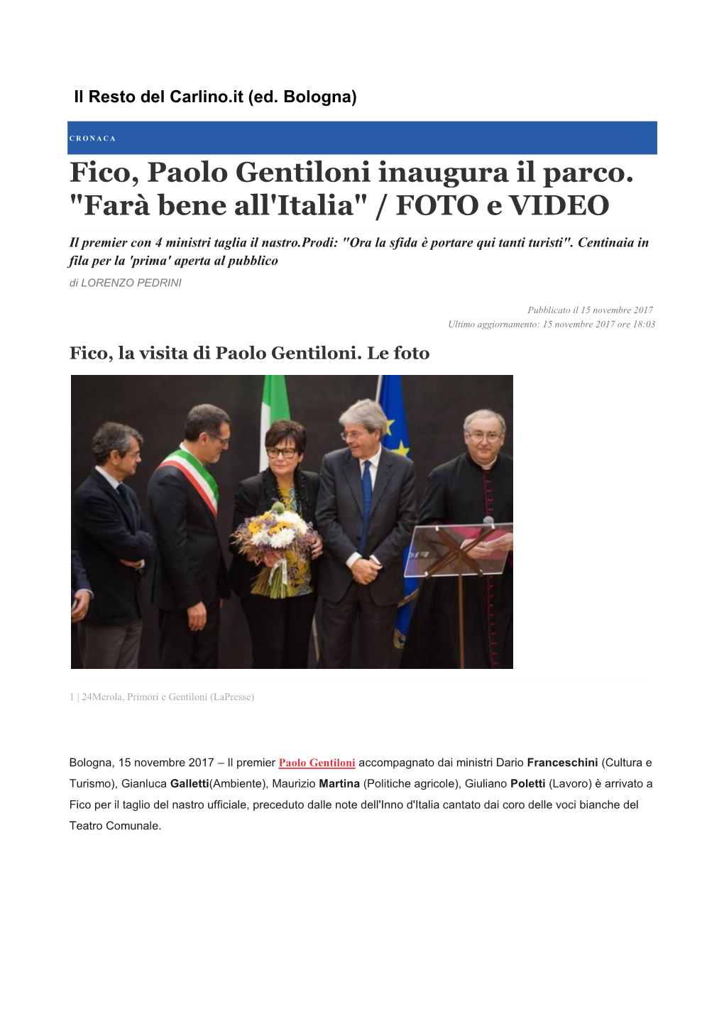 Fico, Paolo Gentiloni Inaugura Il Parco. 