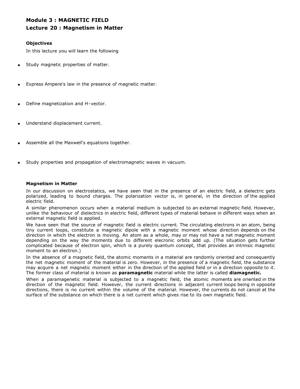 Module 3 : MAGNETIC FIELD Lecture 20 : Magnetism in Matter