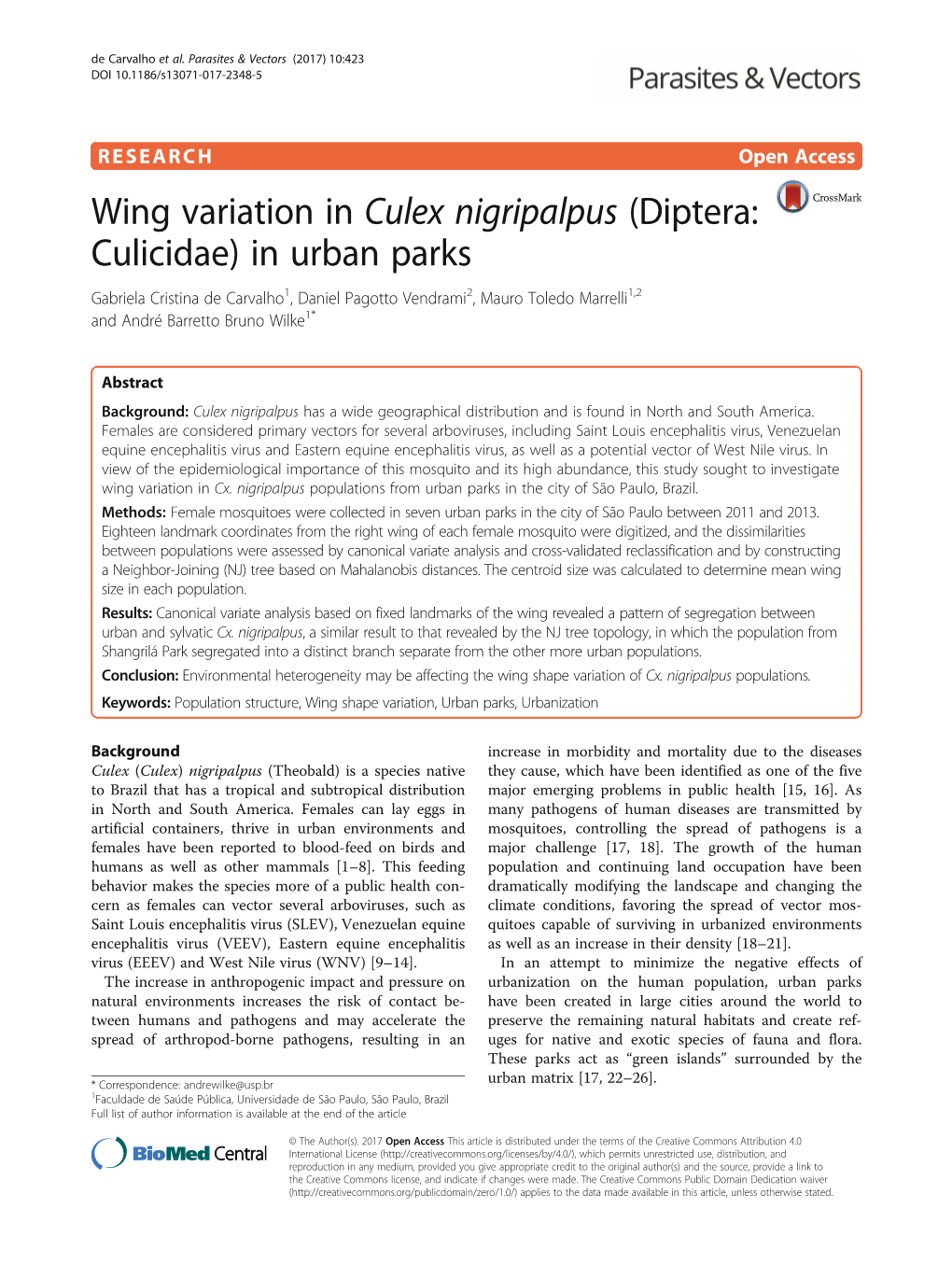 Wing Variation in Culex Nigripalpus (Diptera: Culicidae) in Urban Parks