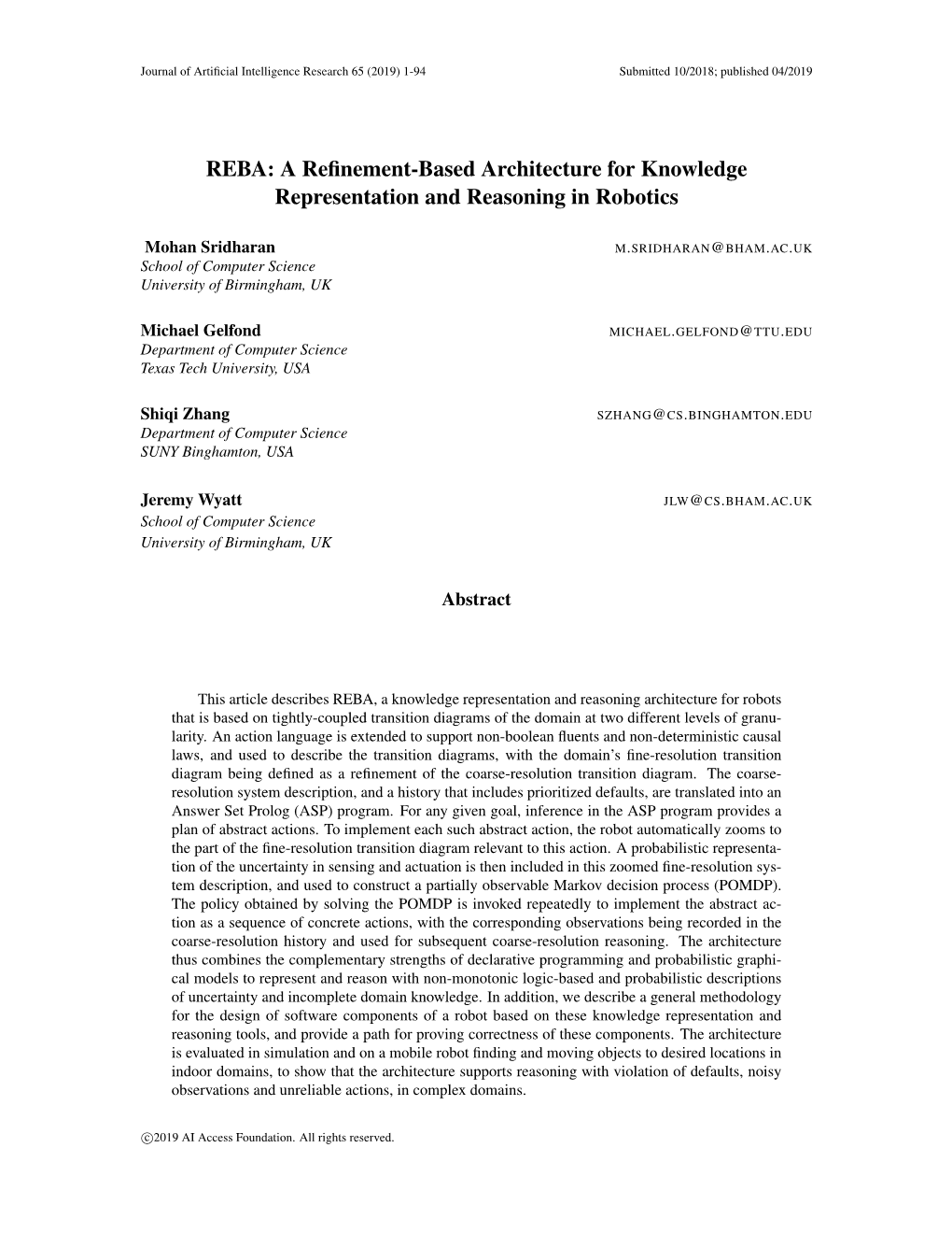 REBA: a Refinement-Based Architecture for Knowledge Representation and Reasoning in Robotics