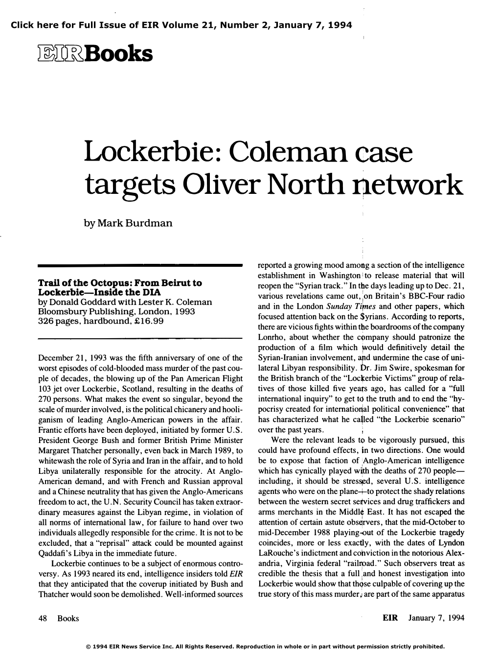 Lockerbie: Coleman Case Targets Oliver North Network