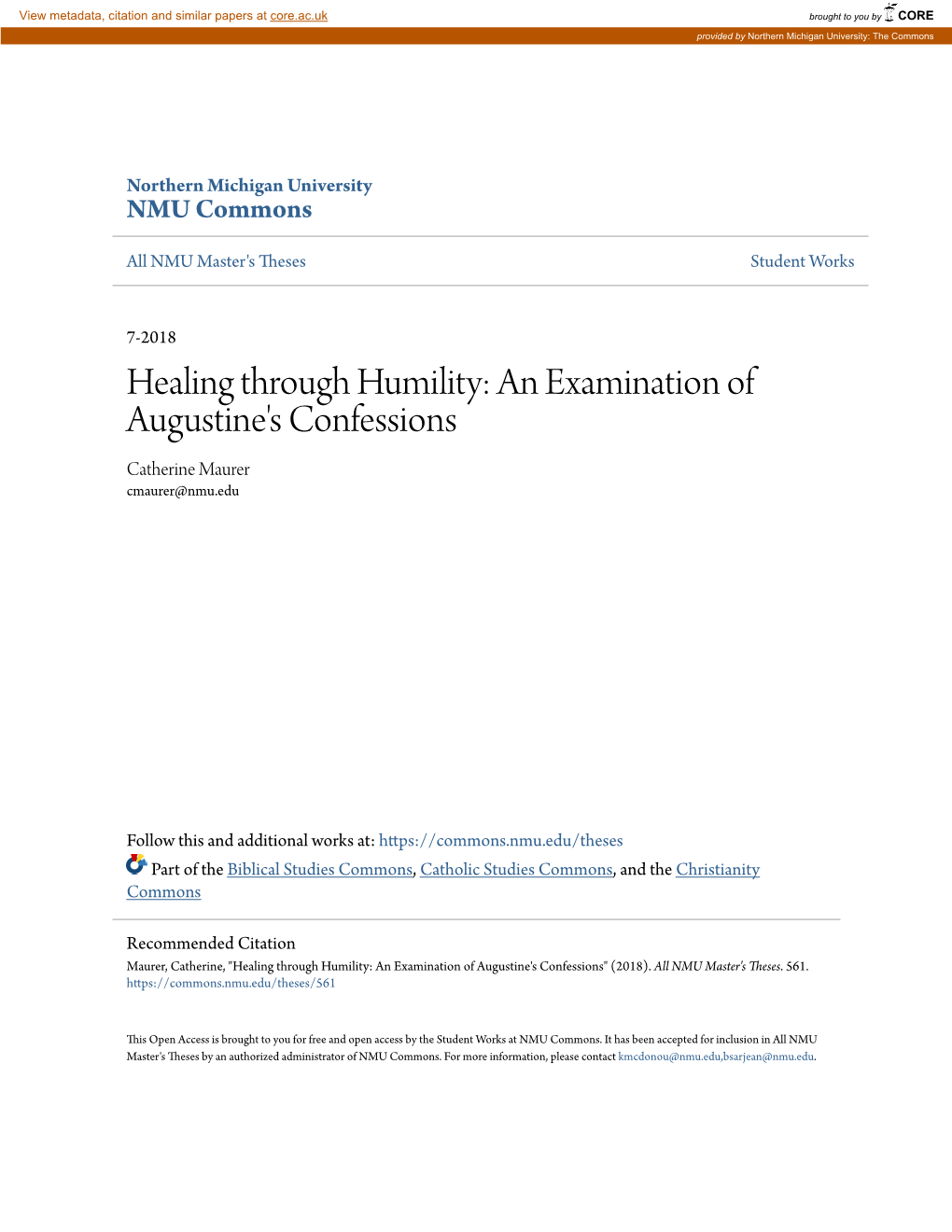 Healing Through Humility: an Examination of Augustine's Confessions Catherine Maurer Cmaurer@Nmu.Edu