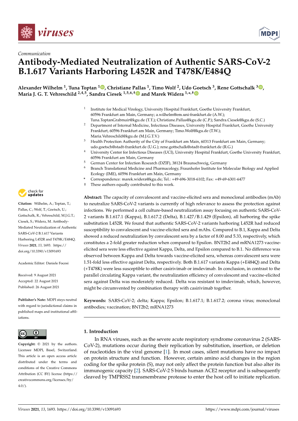 Antibody-Mediated Neutralization of Authentic SARS-Cov-2 B.1.617 Variants Harboring L452R and T478K/E484Q