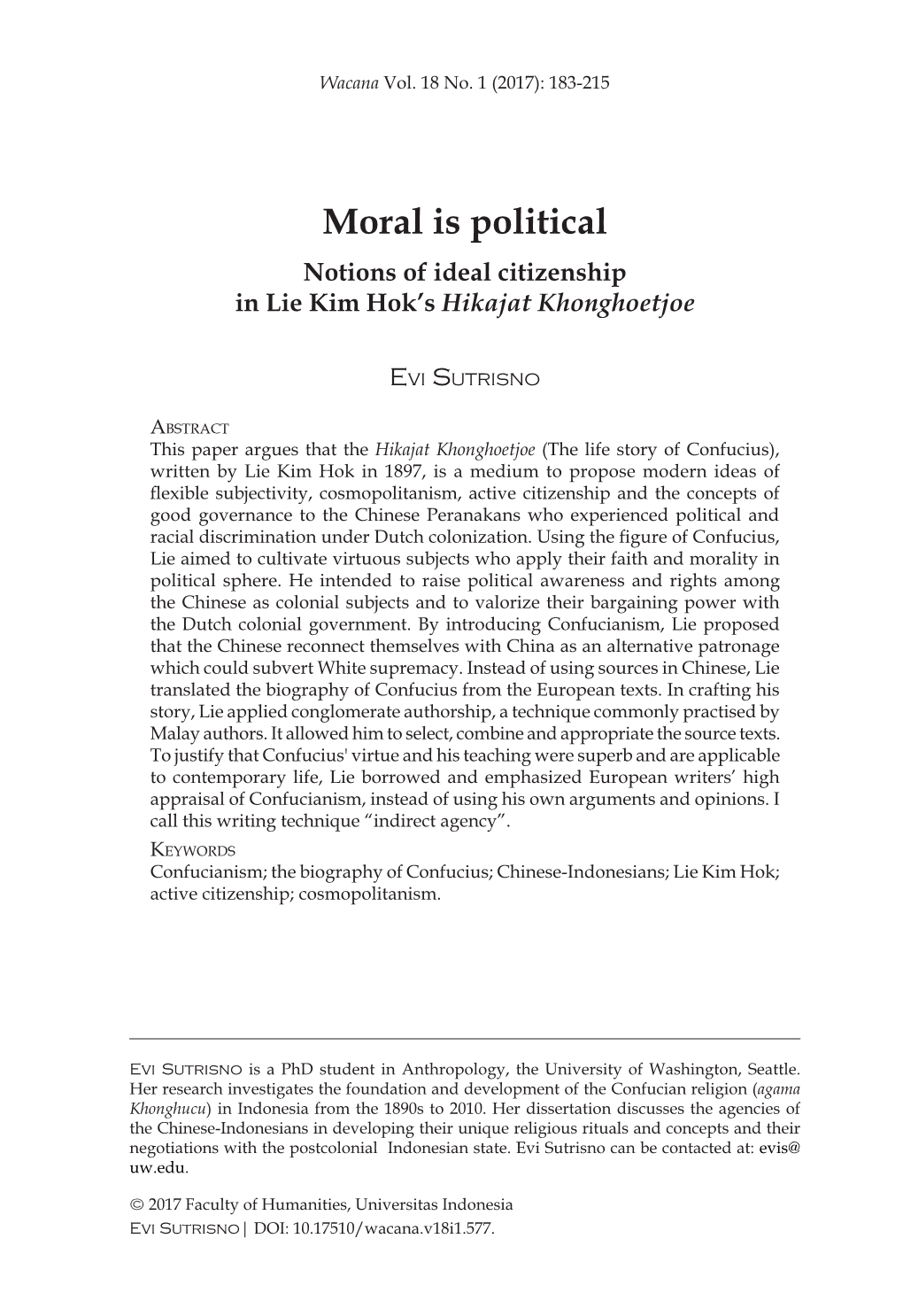 Moral Is Political Notions of Ideal Citizenship in Lie Kim Hok’S Hikajat Khonghoetjoe