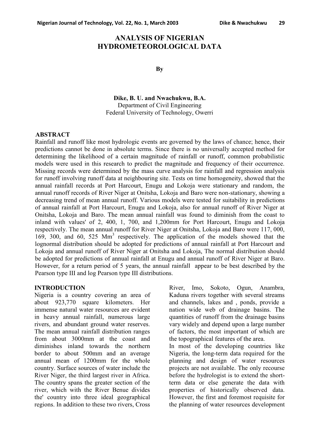 Analysis of Nigerian Hydrometeorological Data