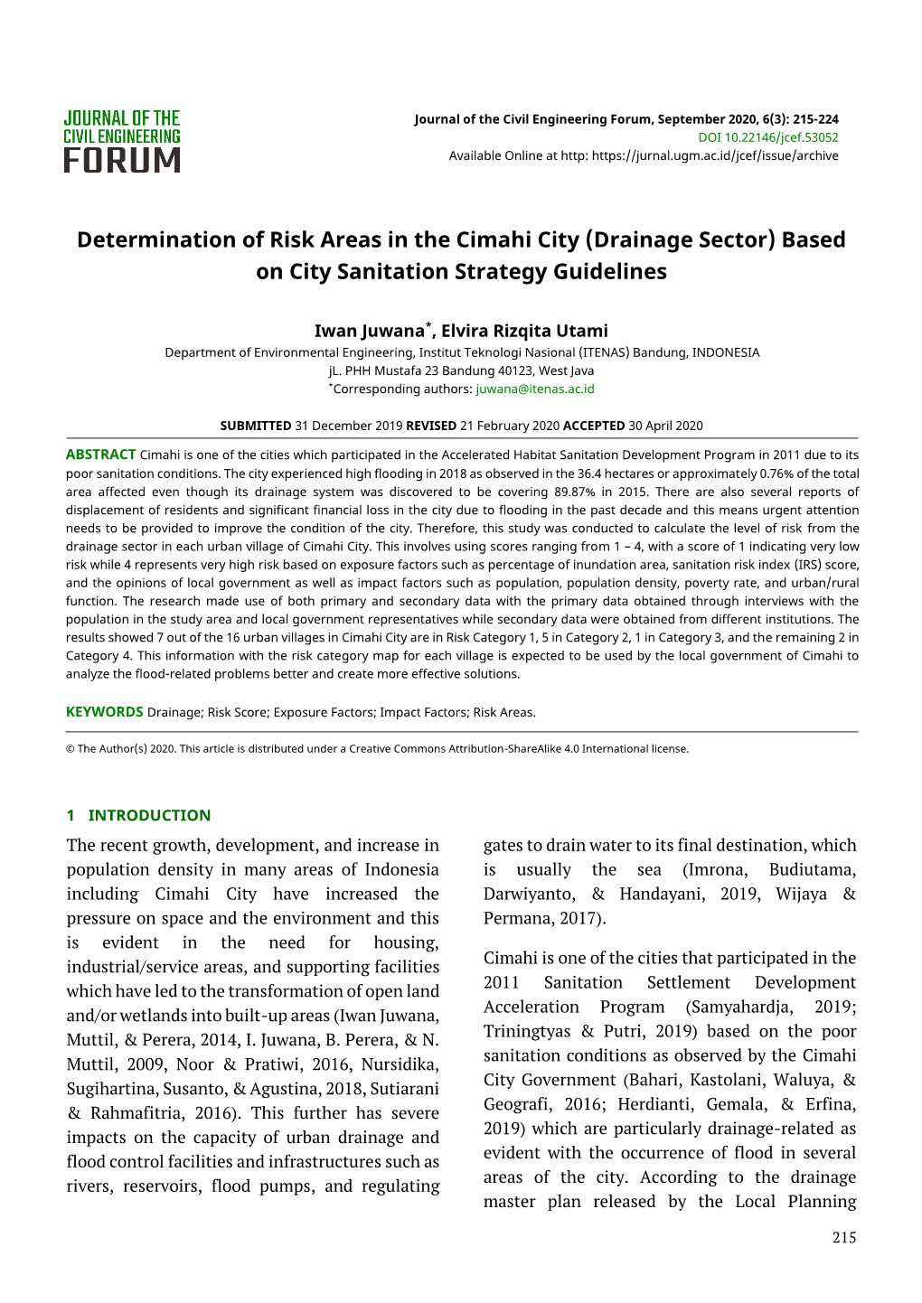 Determination of Risk Areas in the Cimahi City (Drainage Sector) Based on City Sanitation Strategy Guidelines