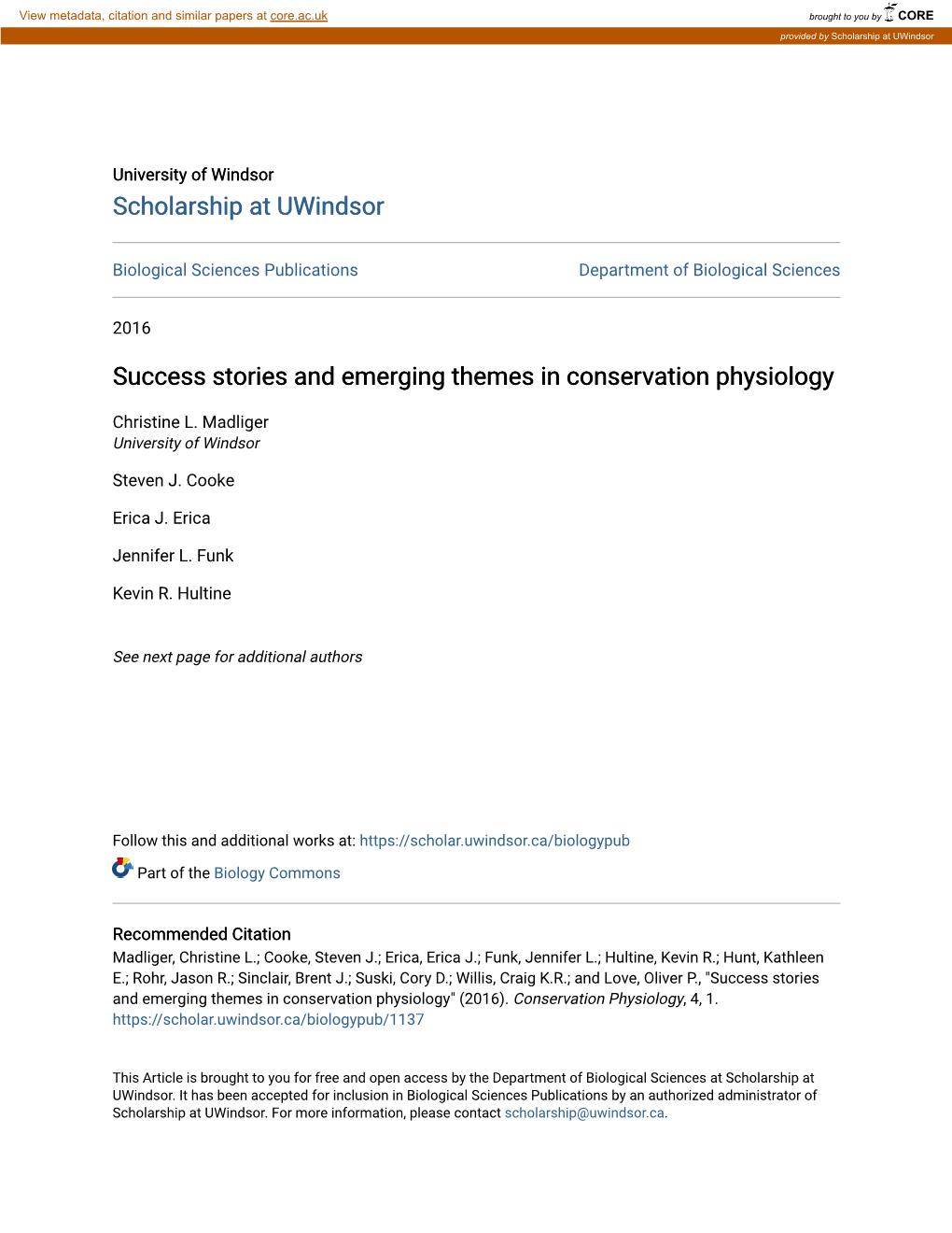 Success Stories and Emerging Themes in Conservation Physiology