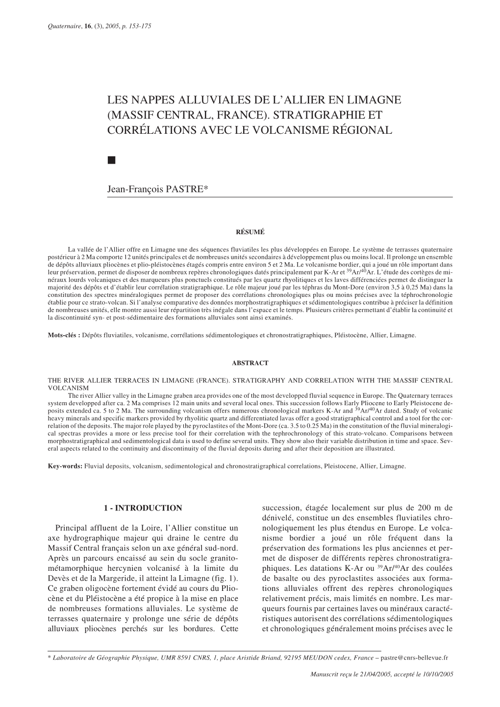 Les Nappes Alluviales De L'allier En Limagne (Massif Central, France) : Stratigraphie Et Corrélations Avec Le Volcanisme