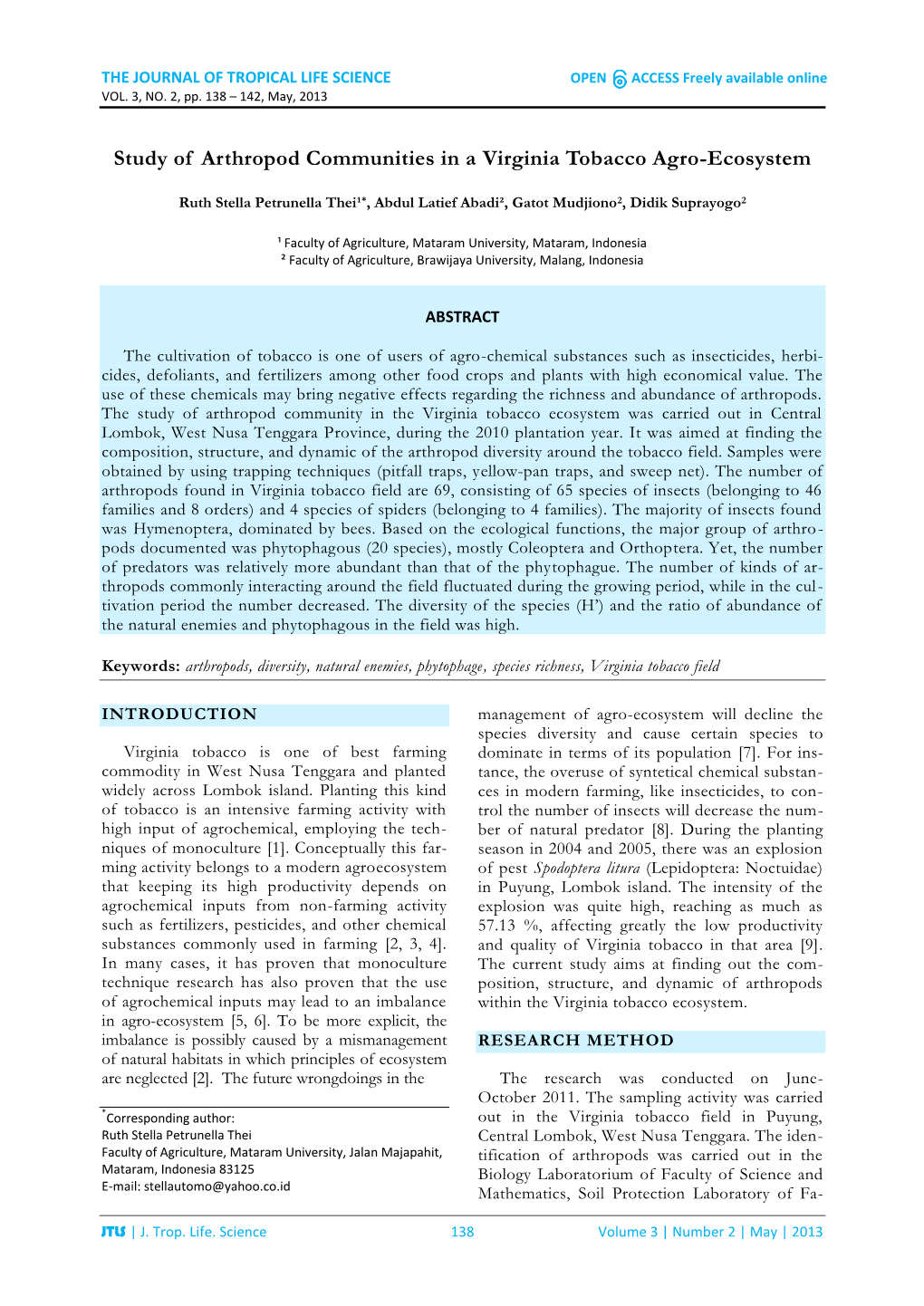 Study of Arthropod Communities in a Virginia Tobacco Agro-Ecosystem