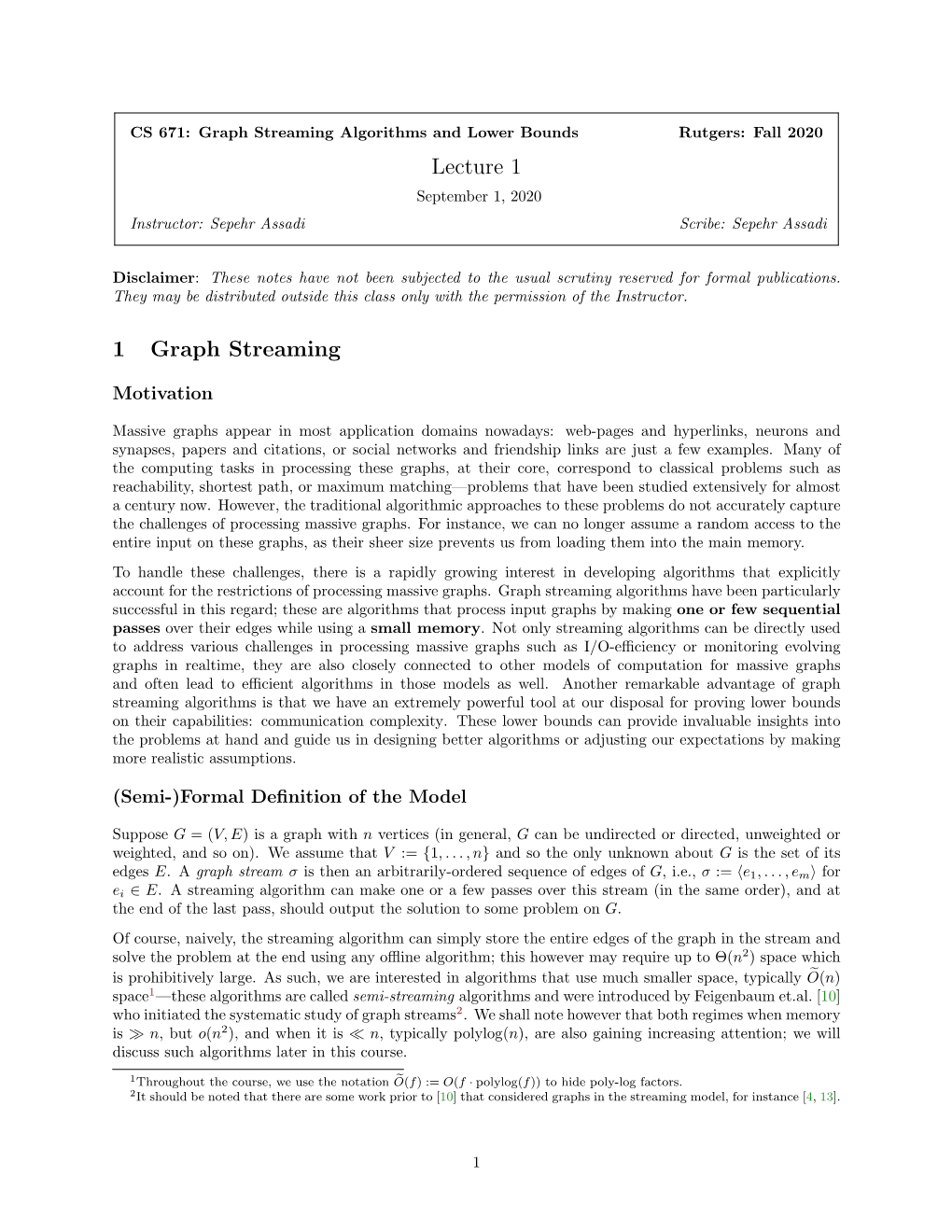 Lecture 1 1 Graph Streaming