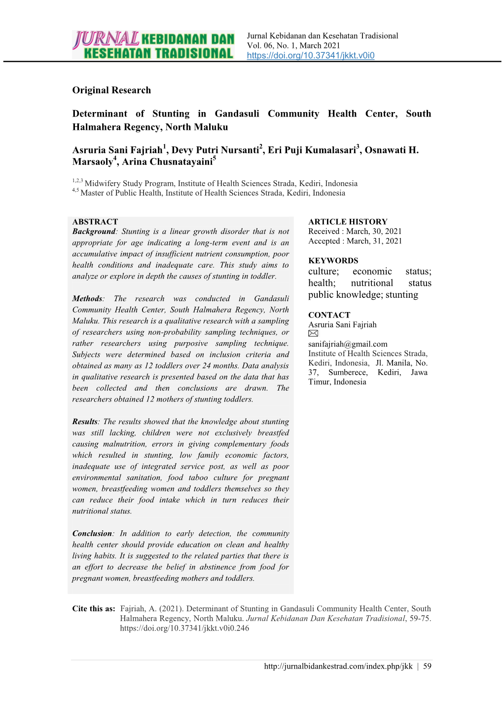 Original Research Determinant of Stunting in Gandasuli Community Health Center, South Halmahera Regency, North Maluku Asruria S