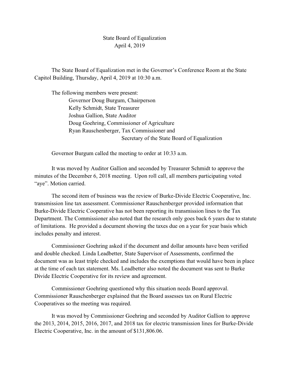 State Board of Equalization April 4, 2019 the State Board Of