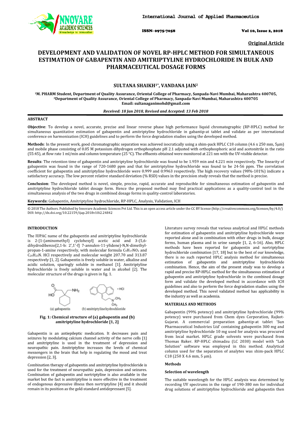 Development and Validation of Novel Rp-Hplc Method for Simultaneous Estimation of Gabapentin and Amitriptyline Hydrochloride in Bulk and Pharmaceutical Dosage Forms