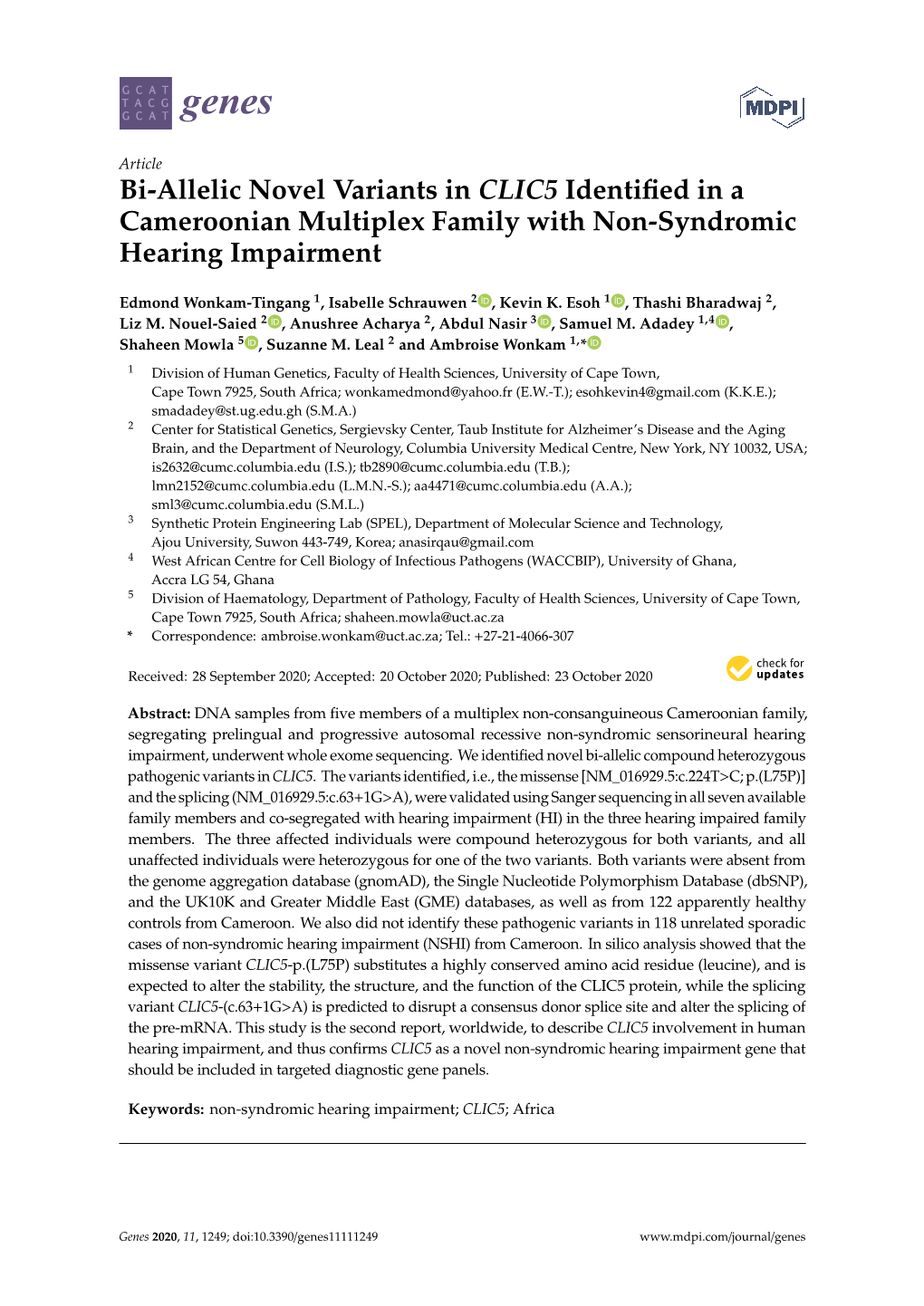 Bi-Allelic Novel Variants in CLIC5 Identified in a Cameroonian