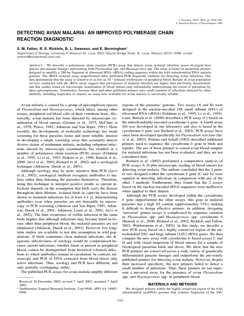 Detecting Avian Malaria: an Improved Polymerase Chain Reaction Diagnostic