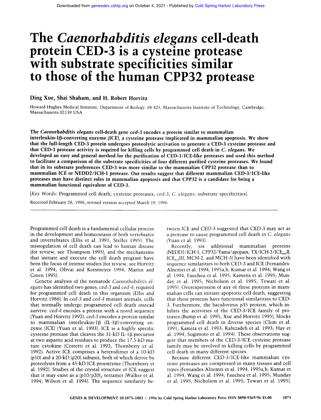 The Caenorhabditis Elegans Cell-Death Protein CED-3 Is a C.Y.Ste!Ne P.Rotease with Substrate Specl[Icltles S M Lar to Those of the Human CPP32 Protease