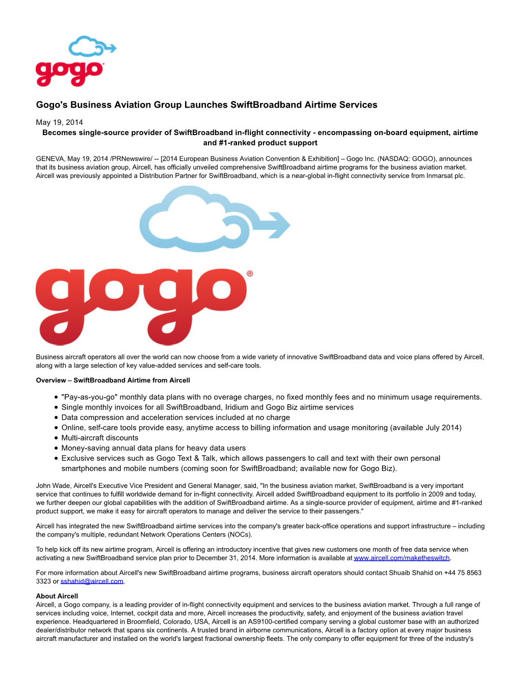 Gogo's Business Aviation Group Launches Swiftbroadband Airtime Services