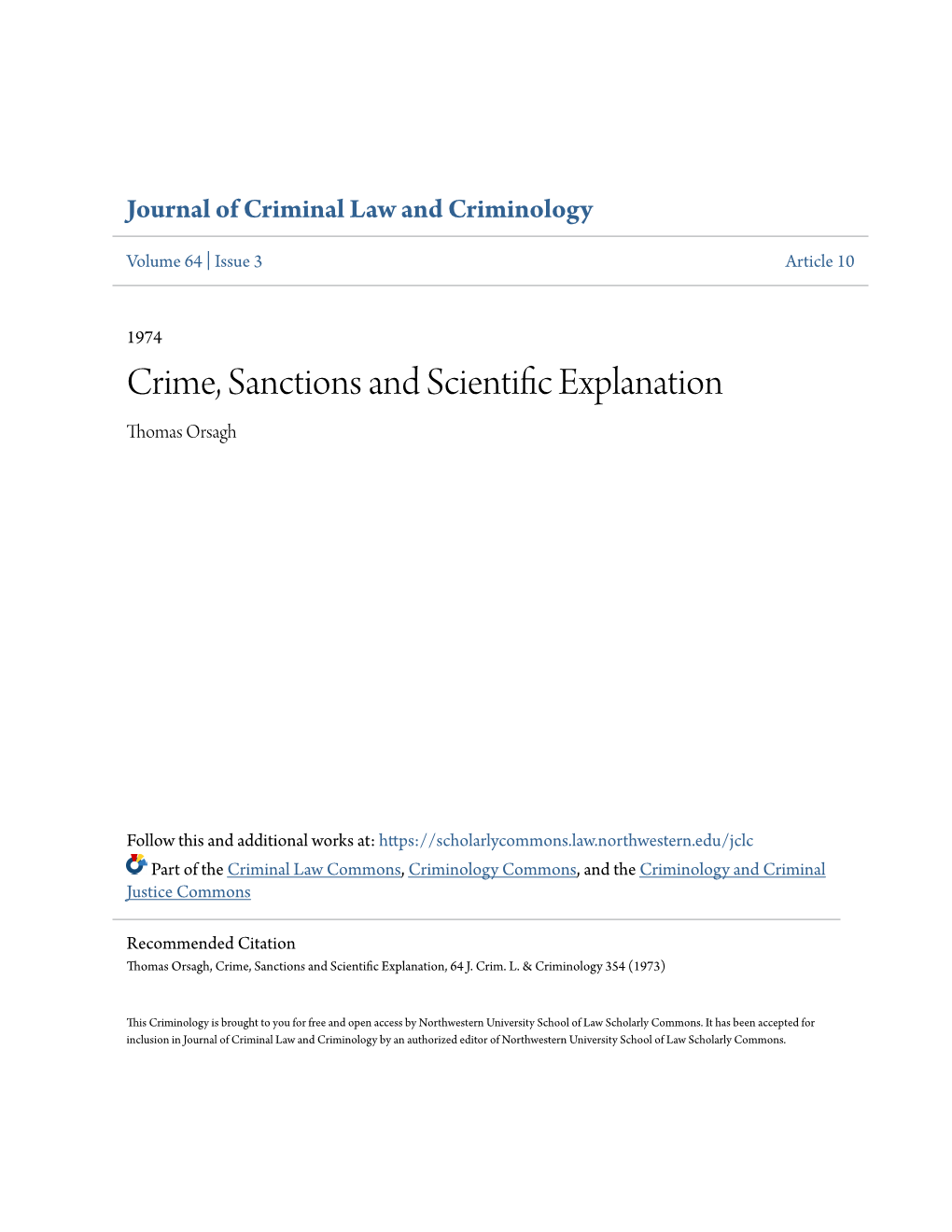 Crime, Sanctions and Scientific Explanation Thomas Orsagh