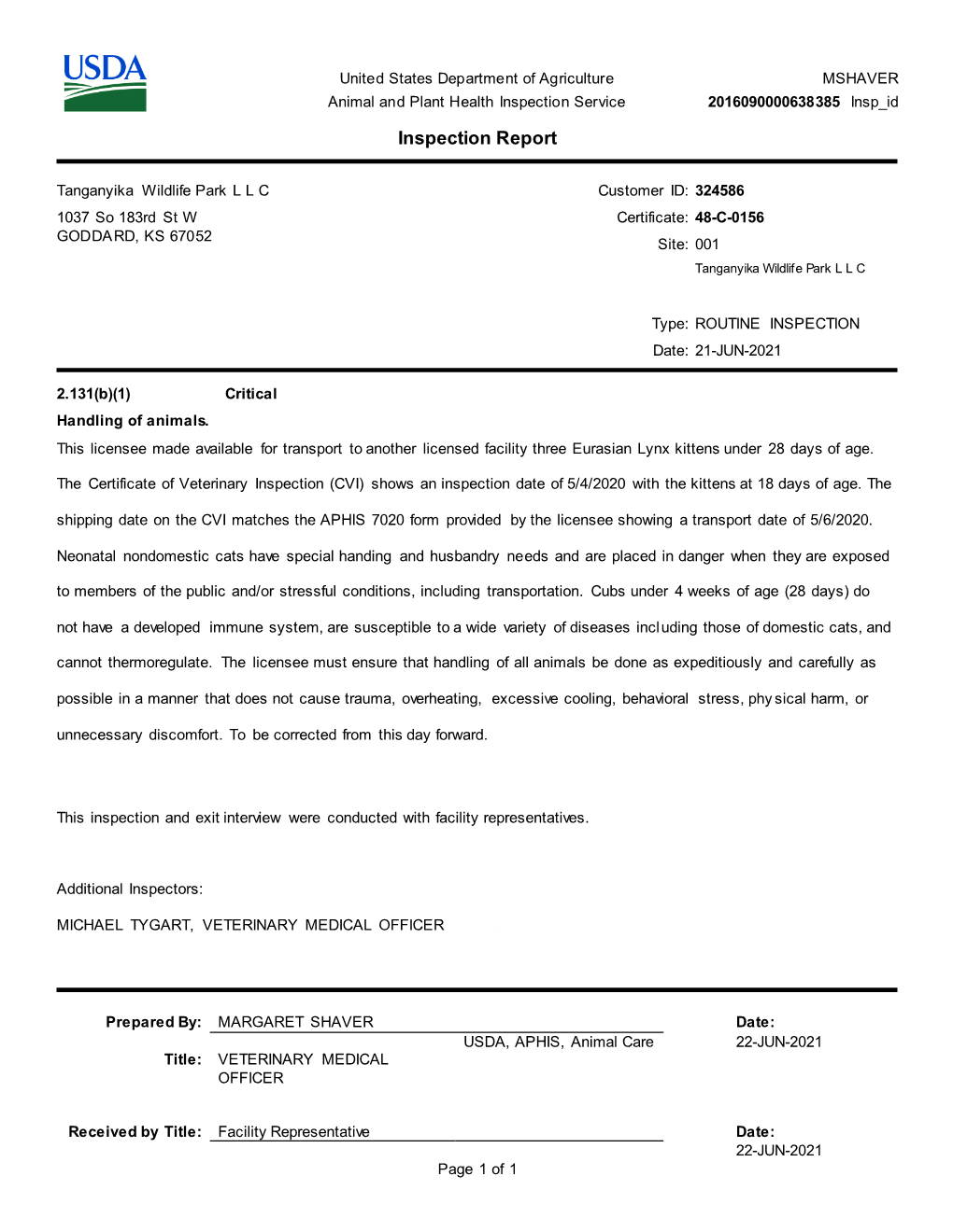 Tanganyika Wildlife Park L L C Customer ID: 324586 1037 So 183Rd St W Certificate: 48-C-0156 GODDARD, KS 67052 Site: 001 Tanganyika Wildlife Park L L C