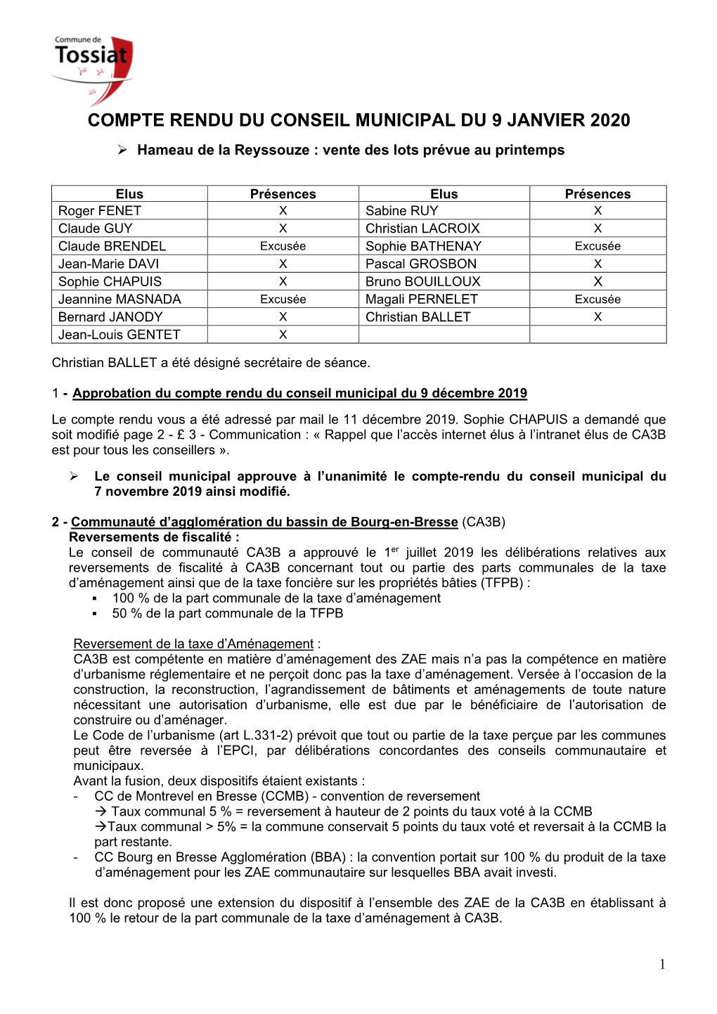 Compte Rendu Du Conseil Municipal Du 9 Janvier 2020