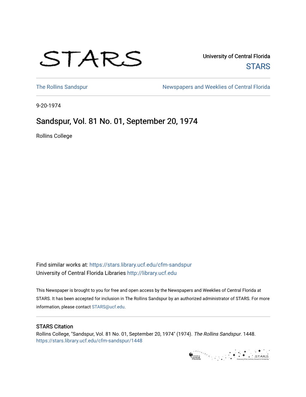 Sandspur, Vol. 81 No. 01, September 20, 1974