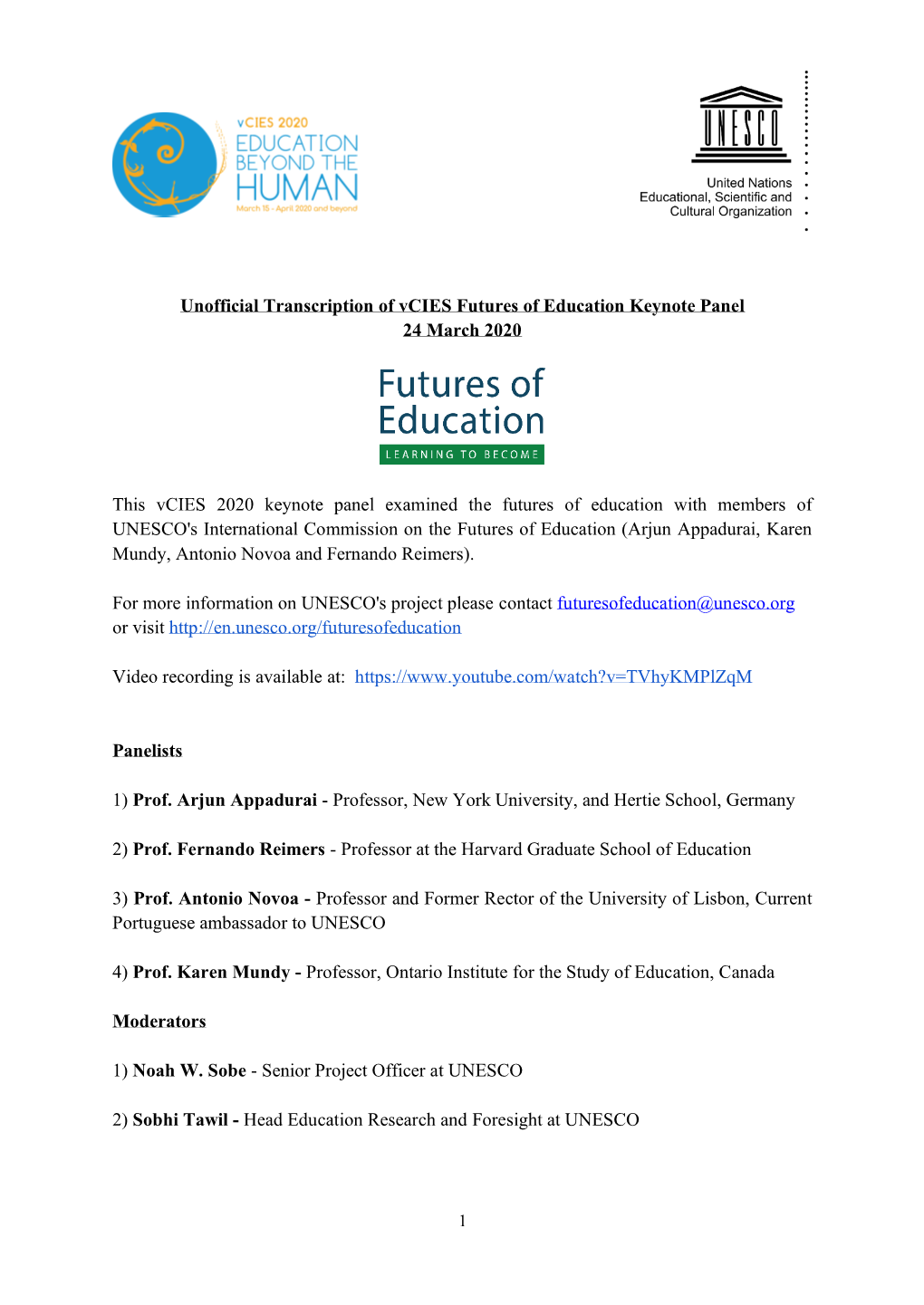 Unofficial Transcription of Vcies Futures of Education Keynote Panel 24 March 2020