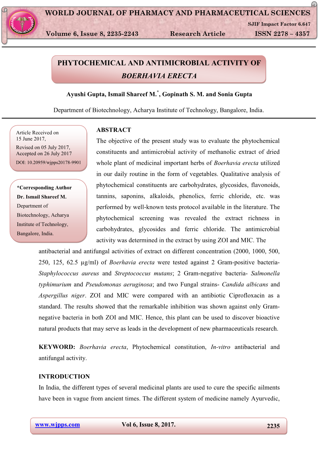 Phytochemical and Antimicrobial Activity of Boerhavia Erecta