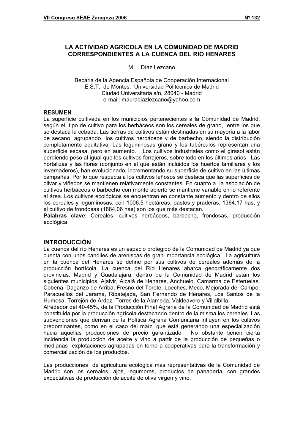 La Actividad Agricola En La Comunidad De Madrid Correspondientes a La Cuenca Del Rio Henares