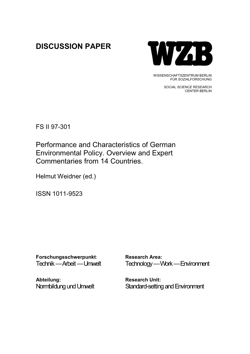 Performance and Characteristics of German Environmental Policy