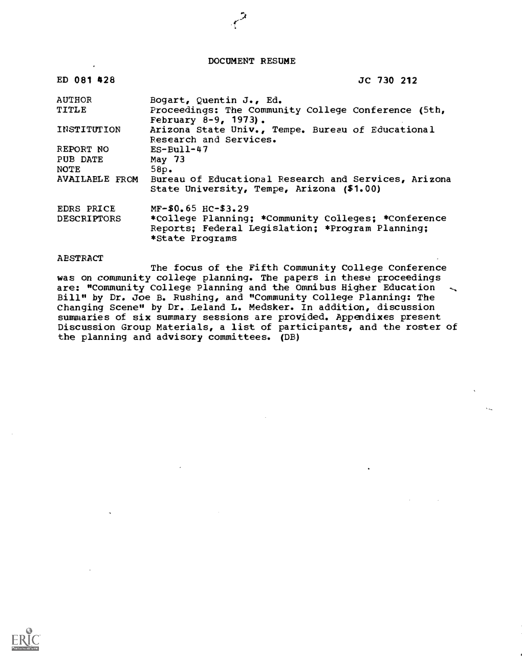 Proceedings: the Community College Conference (5Th, February 8-9, 1973)