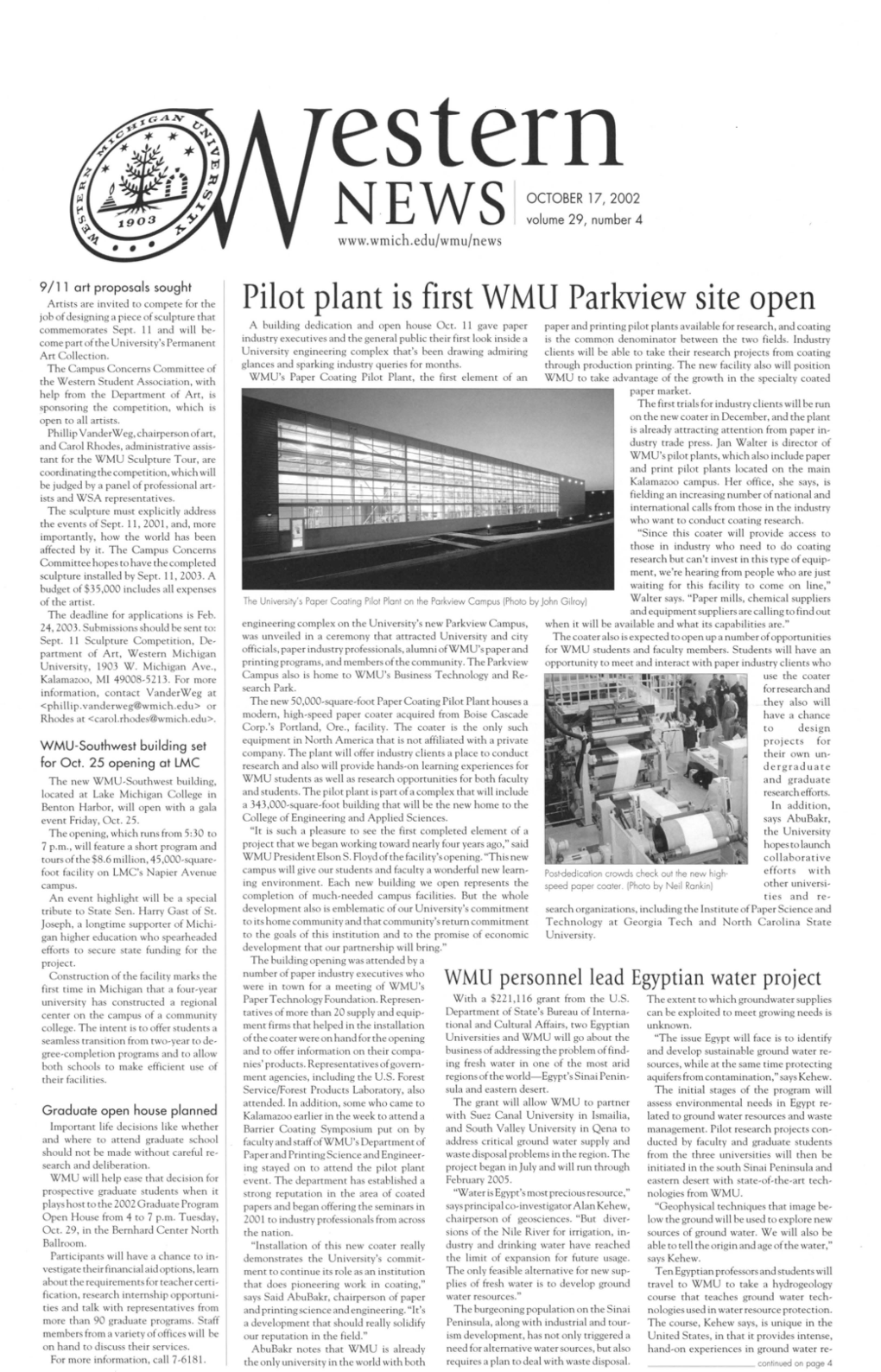 Pilot Plant Is First WMU Parkview Site Open Job of De-.Sij;:Nin~ a Piece L1f Ulptun: Thar Comm ·Mnrnt · ·Pt