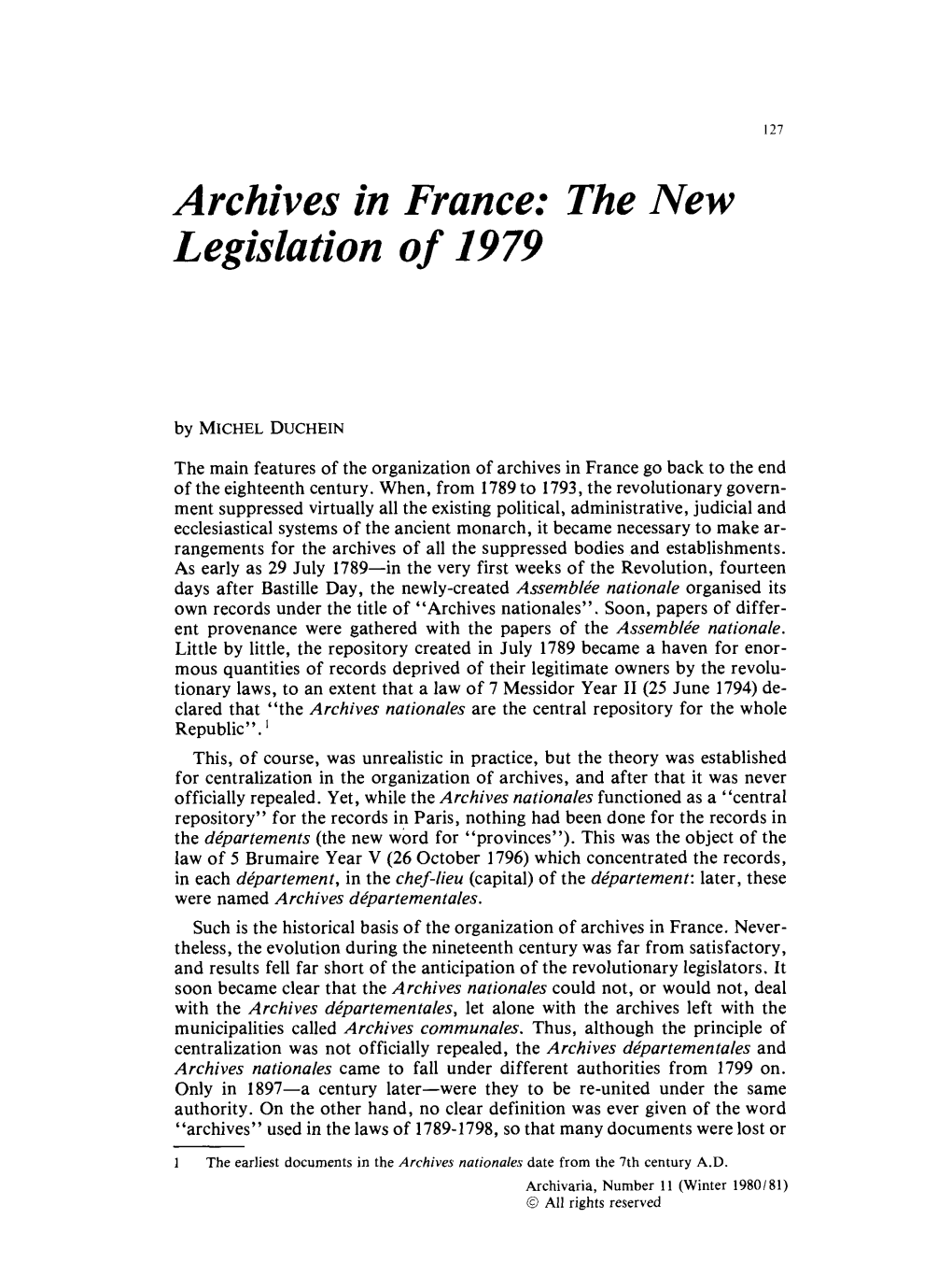 Archives in France: the New Legislation of 1979