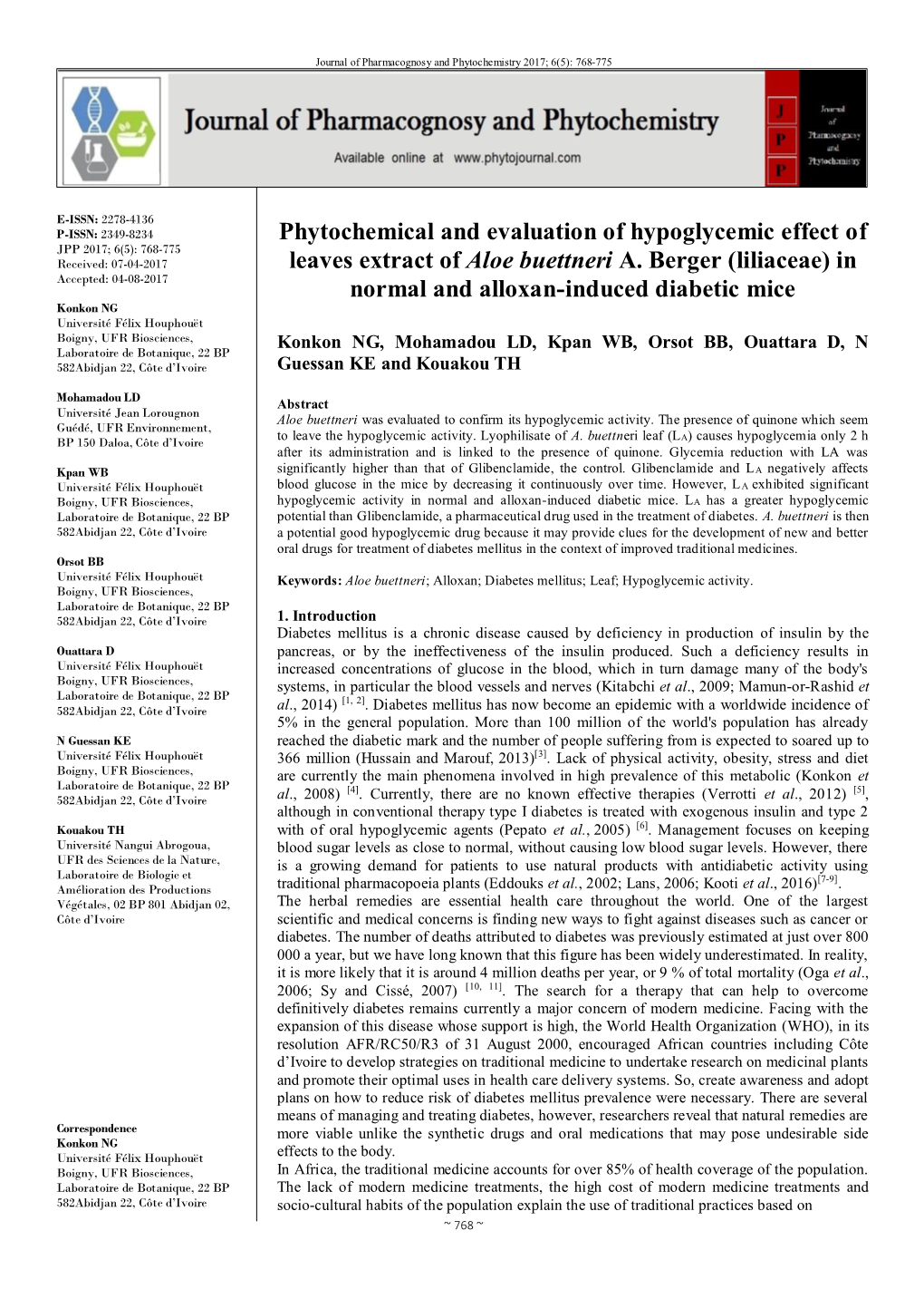 Phytochemical and Evaluation of Hypoglycemic Effect of Leaves