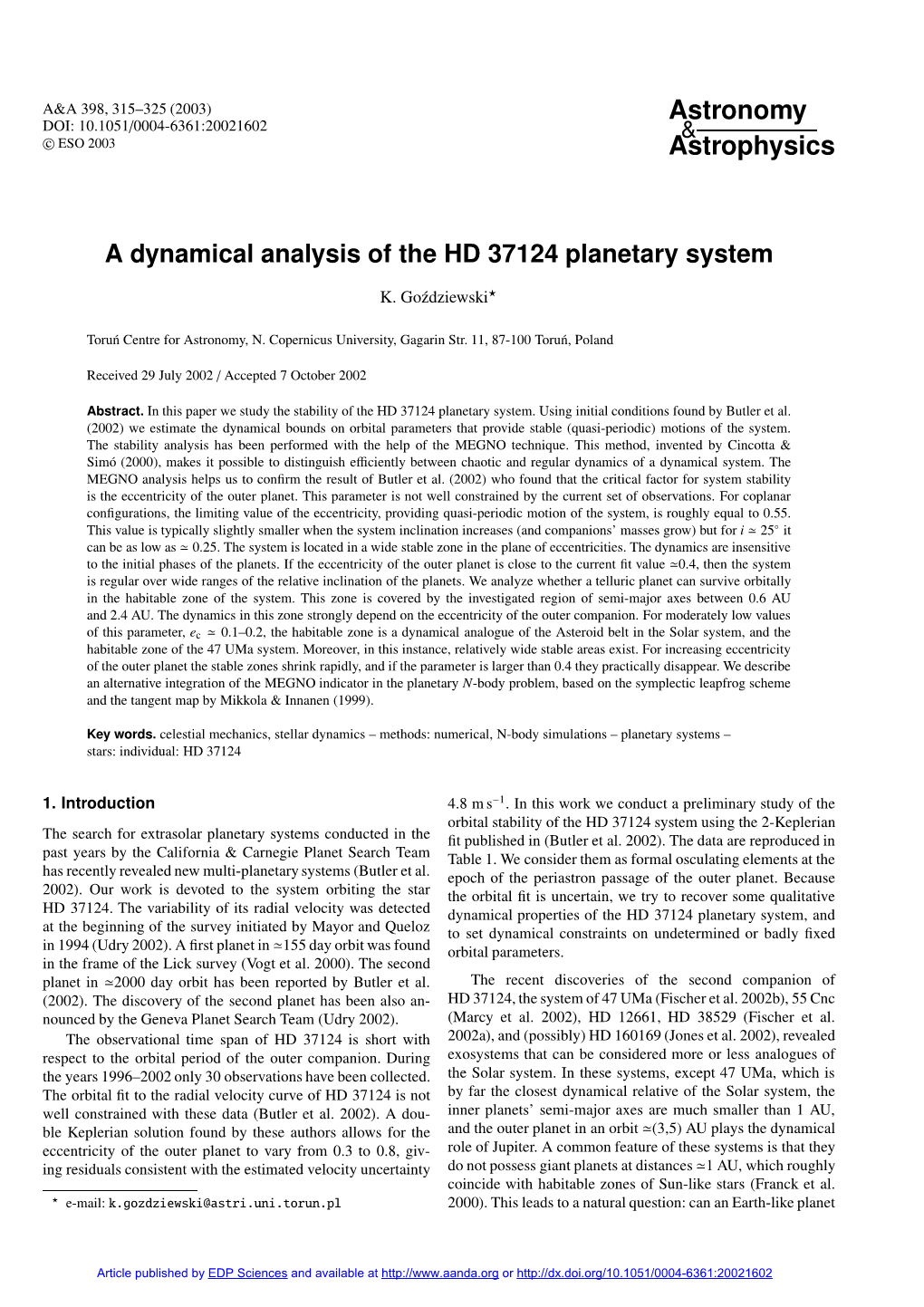 A Dynamical Analysis of the HD 37124 Planetary System