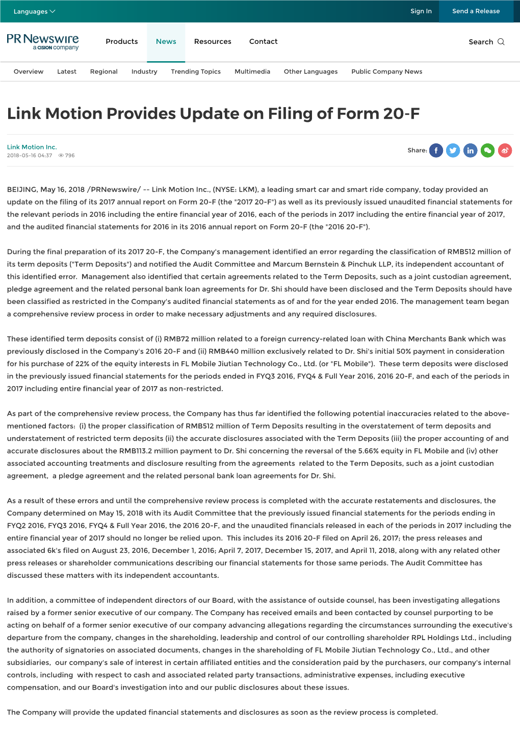 Link Motion Provides Update on Filing of Form 20-F