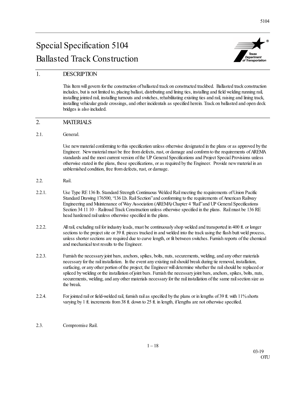 Special Specification 5104 Ballasted Track Construction