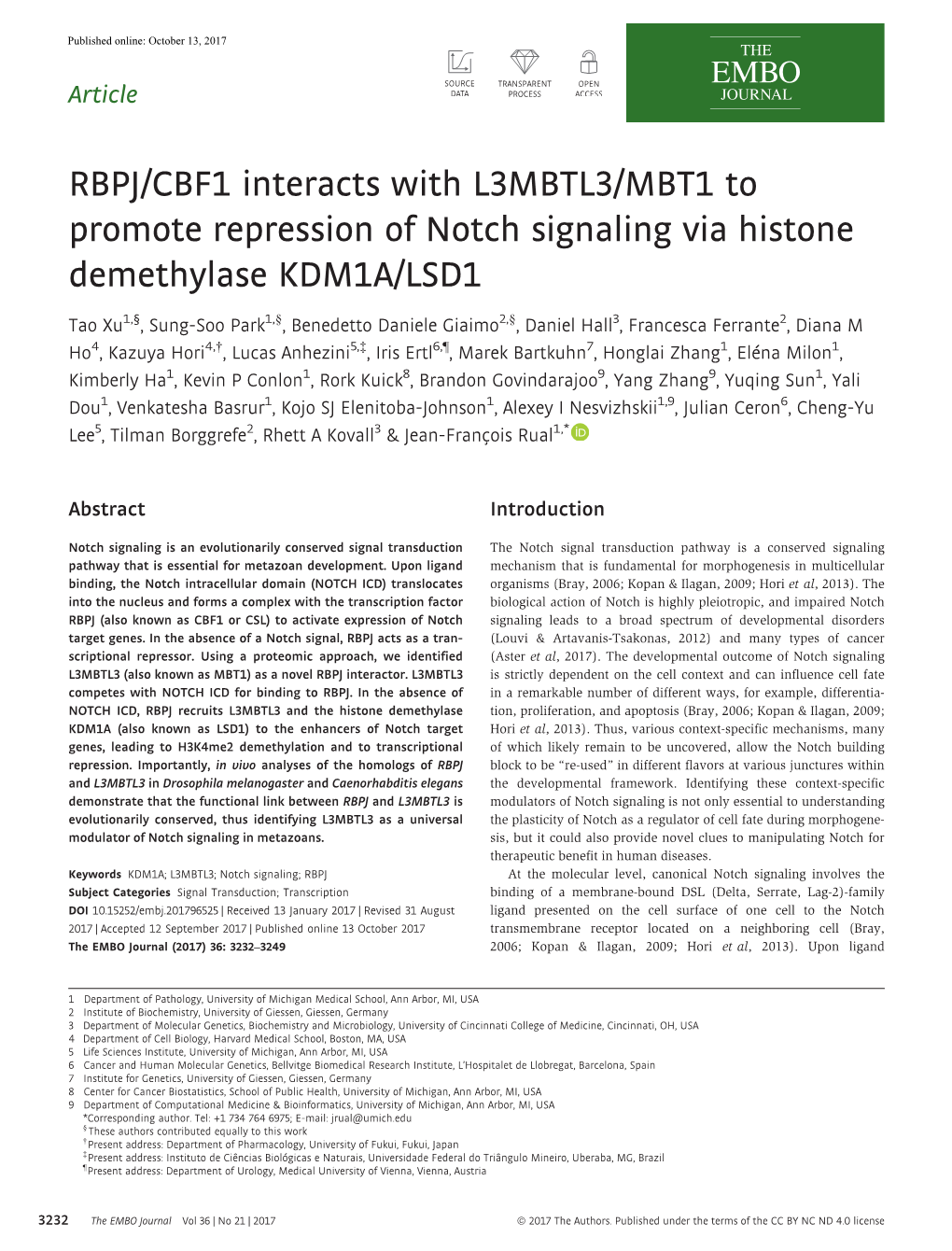 RBPJ/CBF1 Interacts with L3MBTL3/MBT1 to Promote Repression of Notch Signaling Via Histone Demethylase KDM1A/LSD1