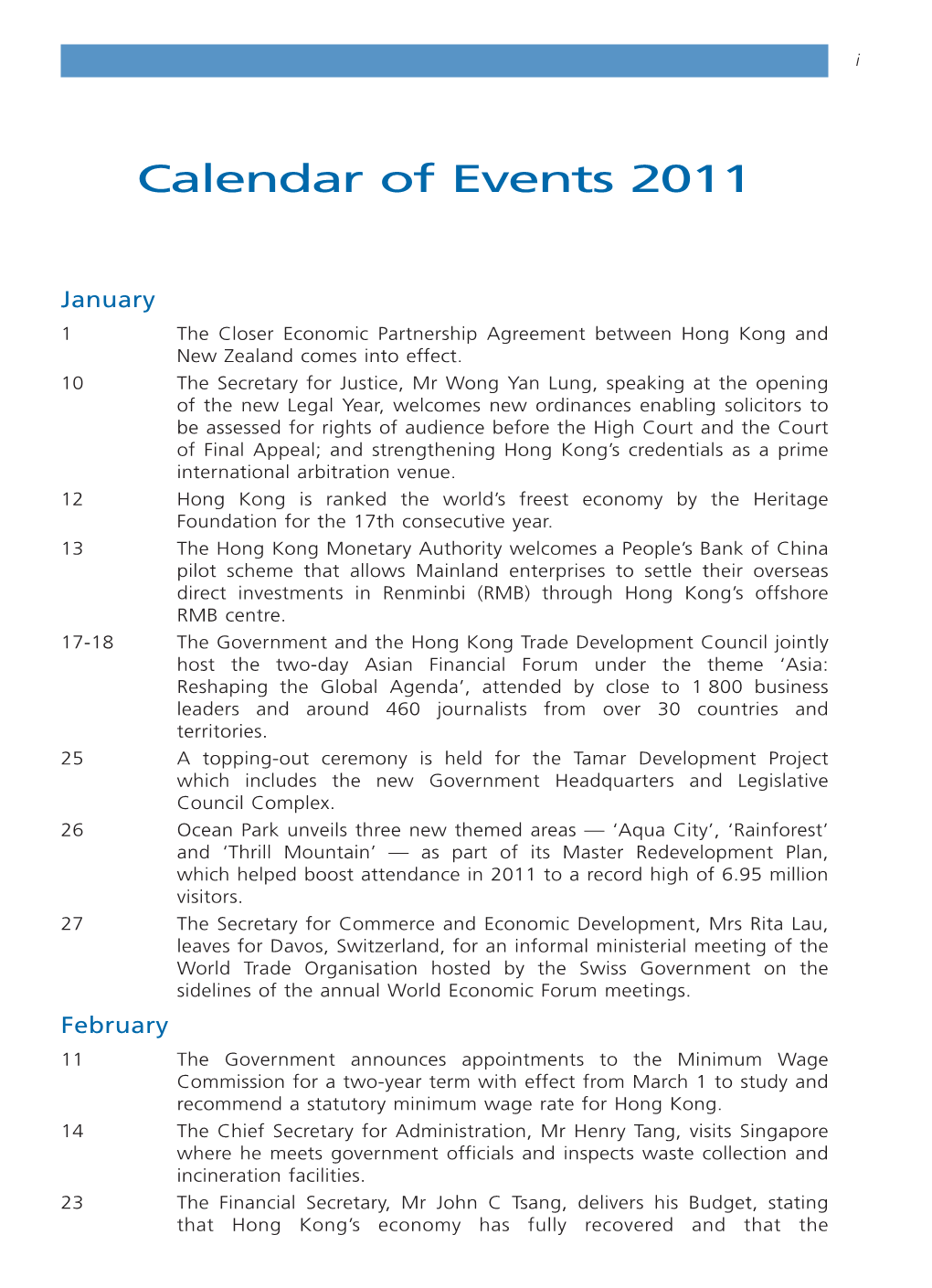 Calendar of Events 2011